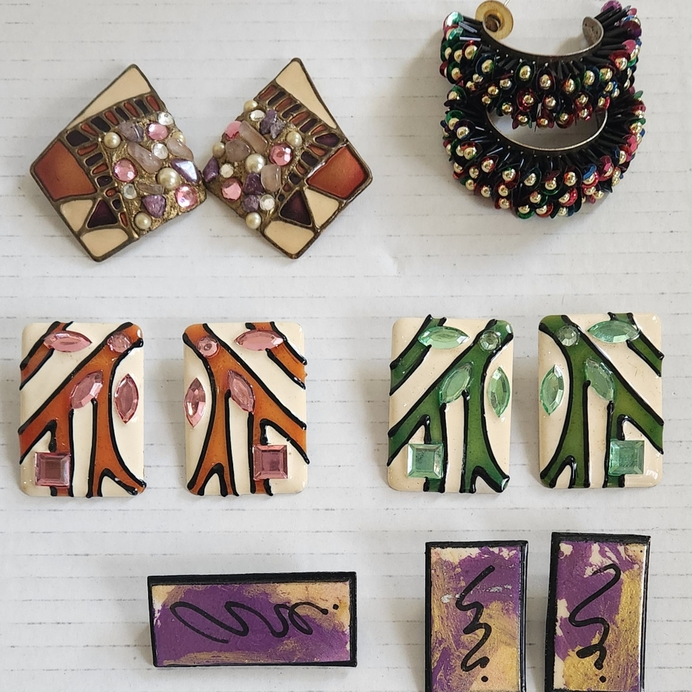Vintage 80's enamel and stone earrings lot, some signed siegfried 1989